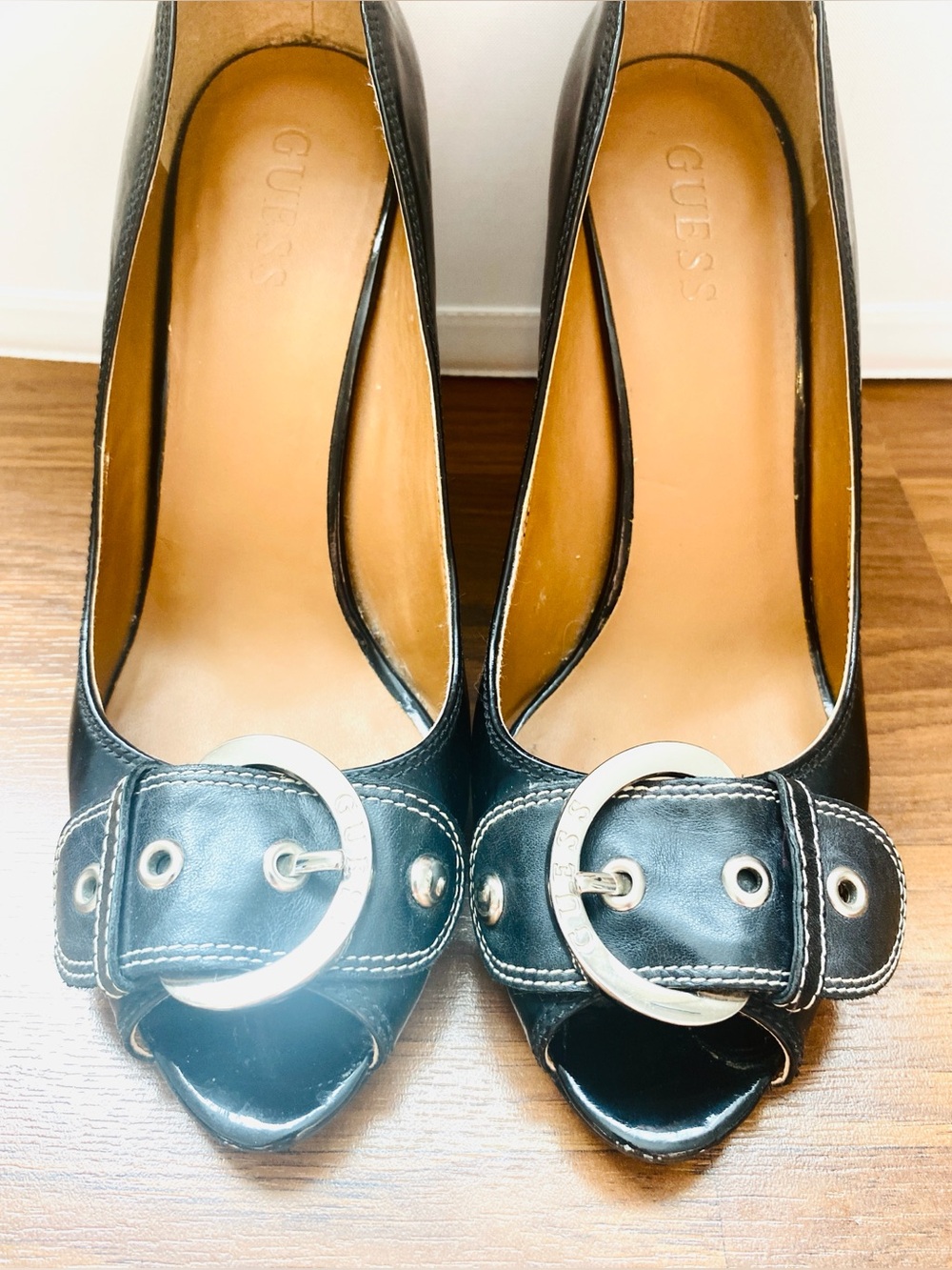 Guess By Marciano Black Patent Peep Toe Heels w/ Silver Buckle detail